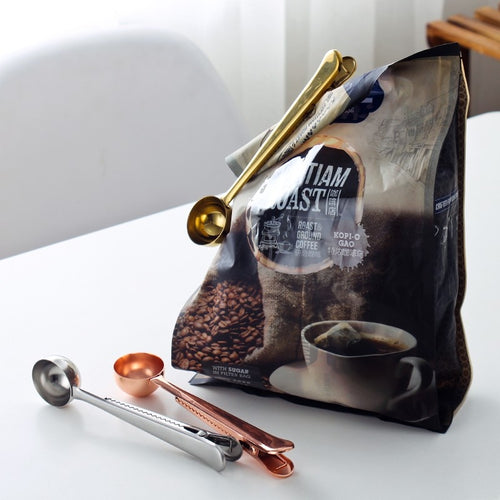 eTya 1PC Multifunction Stainless Steel Food Spoon Milk Tea Ground Coffee Scoops With Bag Clip Sealing Powder Drinkware Tools